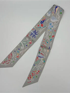 Hermes Twilly 100% Silk Grey Sea Life Print Bag Tie Scarf